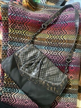 Falchi by Falchi 3 Pocket Black Mixed-Texture Shoulder Bag with Snakeskin Accent